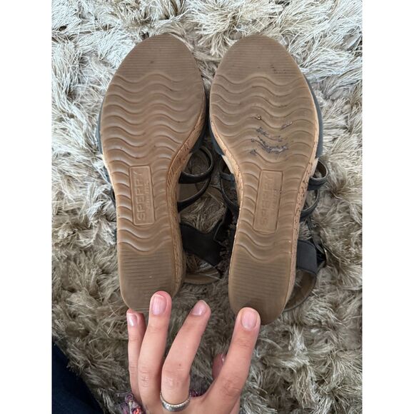 Sperry Black Leather Cork Heel Wedge Sandal - Picture 4 of 4